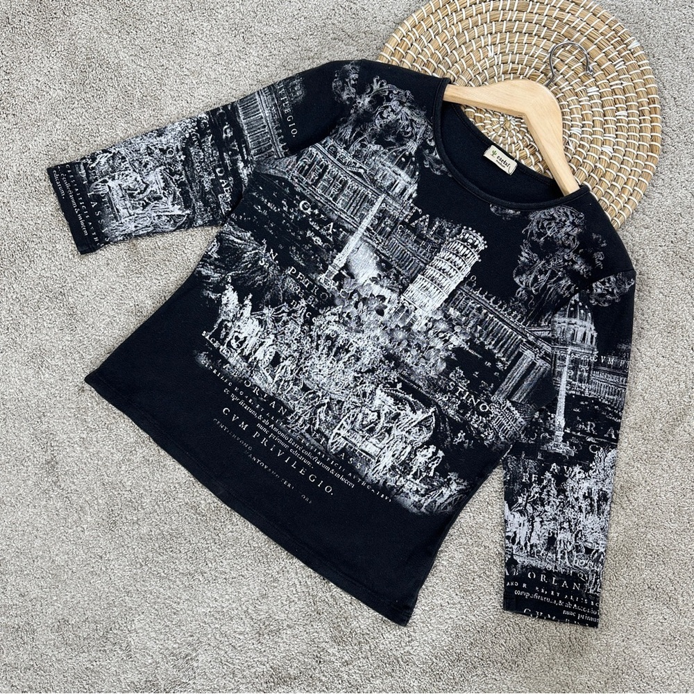 Cactus Women’s Y2K Style Italy Graphic Baby Tee 3/4 Sleeve in Black M
